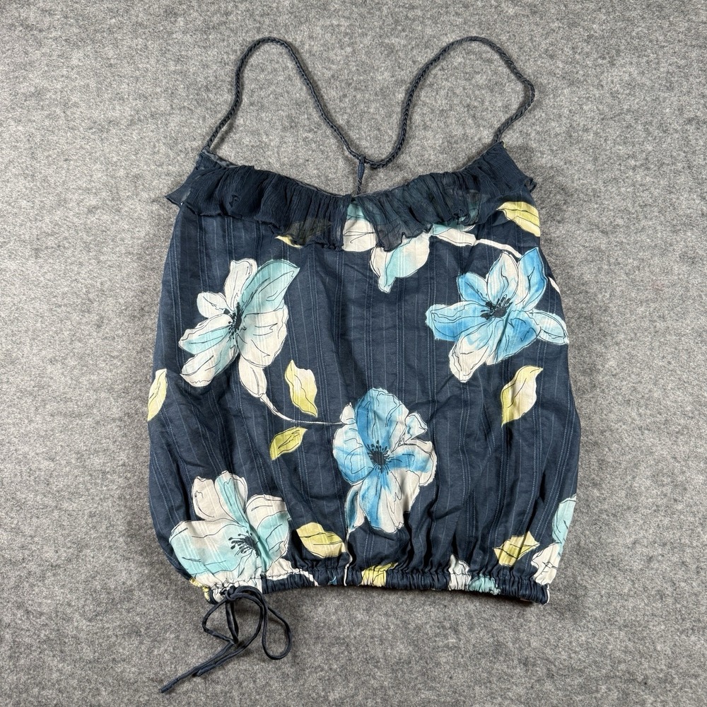 Abercrombie & Fitch Vintage Floral Top Navy Womens Large Smocked Y2K Ruffle Neck